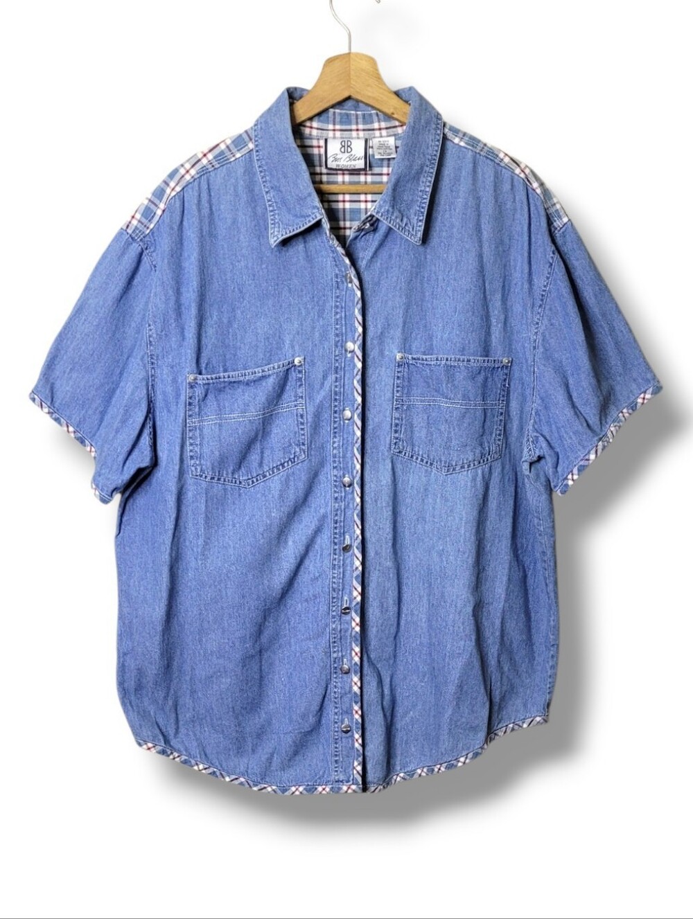 Bill Blass Vintage 90s Denim Short Sleeve Shirt 1X Plaid